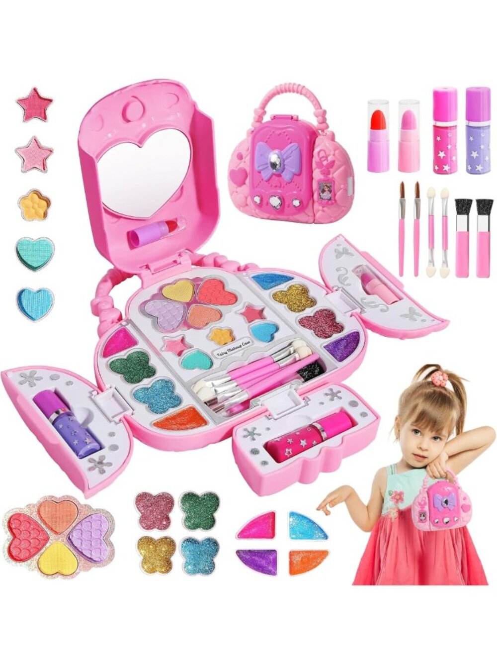 Kids Makeup Kit with Mirror - Washable Cosmetic Set for Girls 3-8, Perfect Gift!
